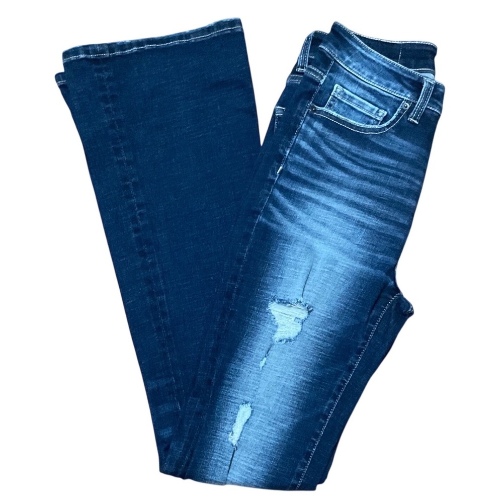 BKE Payton High Rise Flare Jeans Dark Wash Distressed 26 x 33.5 Stretch Denim